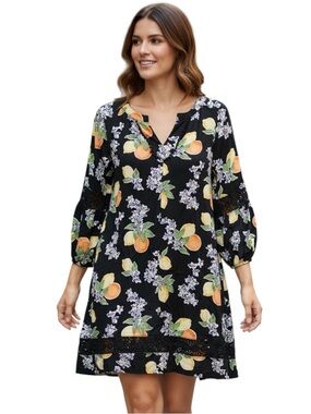 crown & ivy Black Floral Citrus Dress with Blue and Green Accents Size XL